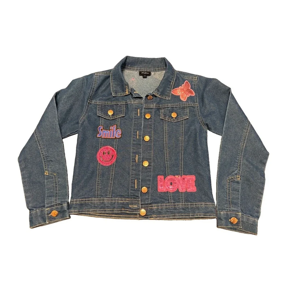 Upcycled Custom Designed Girl’s Denim Jacket- Sz 12- Butterfly, Love, Smiley